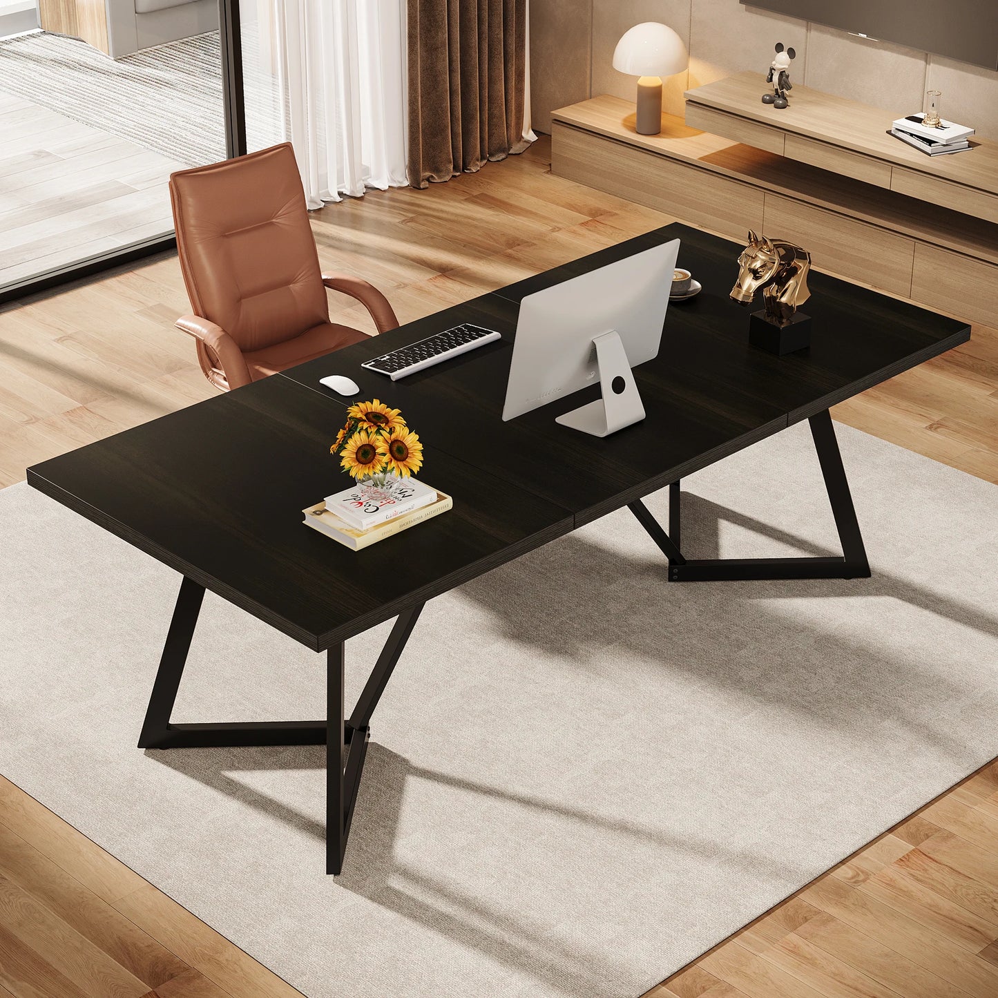 Tribesigns 180cm Large Executive Desk, Modern Black Office Desk with Metal Frame, Study Writing Table