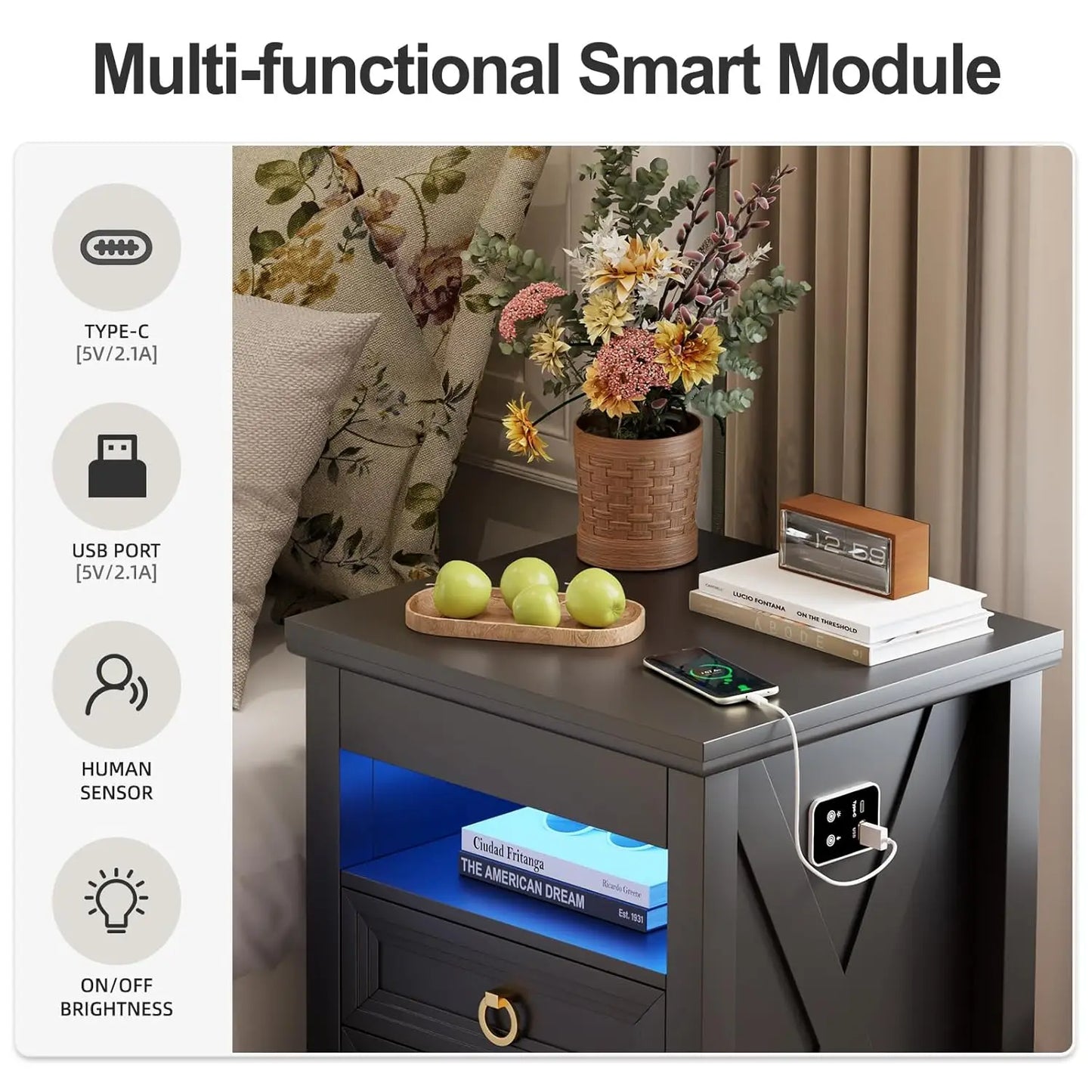 Farmhouse Nightstand Set 2 with Gun Drawer,Bedside Table with Charging Station and Human Body Senor,3 LED Lights, Customized