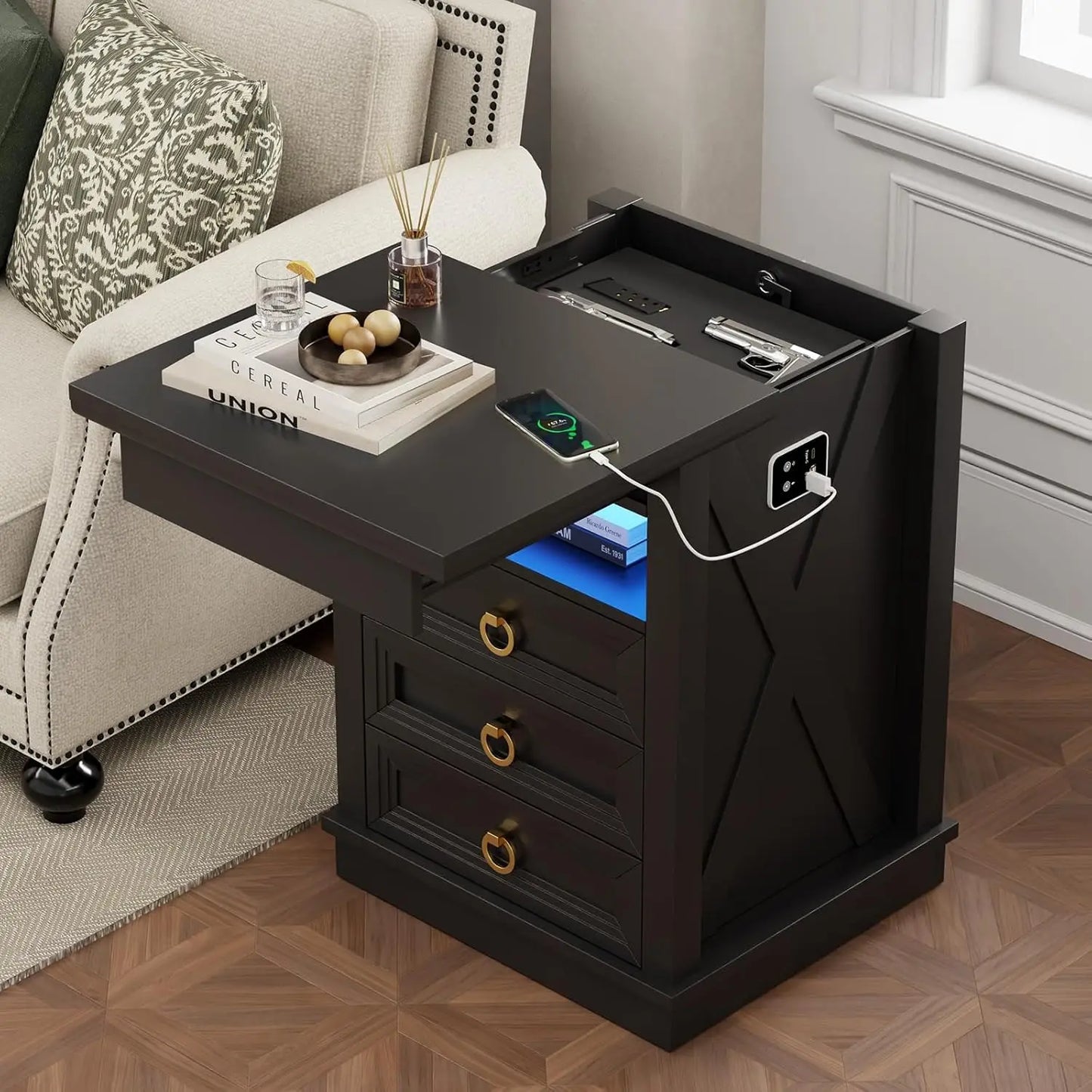 Farmhouse Nightstand Set 2 with Gun Drawer,Bedside Table with Charging Station and Human Body Senor,3 LED Lights, Customized