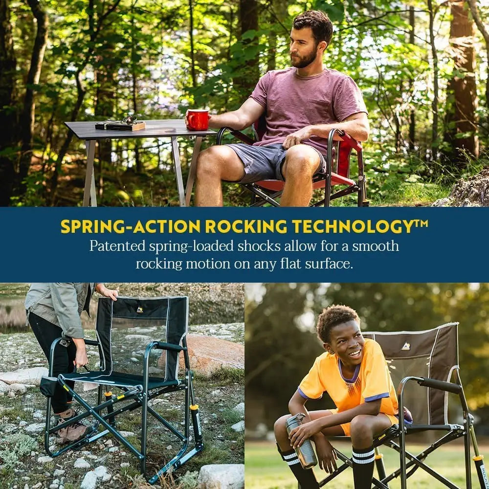 Portable Folding Rocking Chair with Armrests, Drink Holder & Comfortable Backrest - Indigo Blue