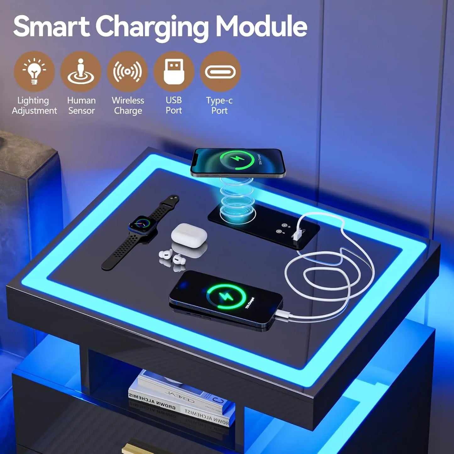 Black Night Stand Set 2 with Wireless Charging Station,Smart Bedside Table with 3 Drawers,Modern Glass Top End Side, Customized