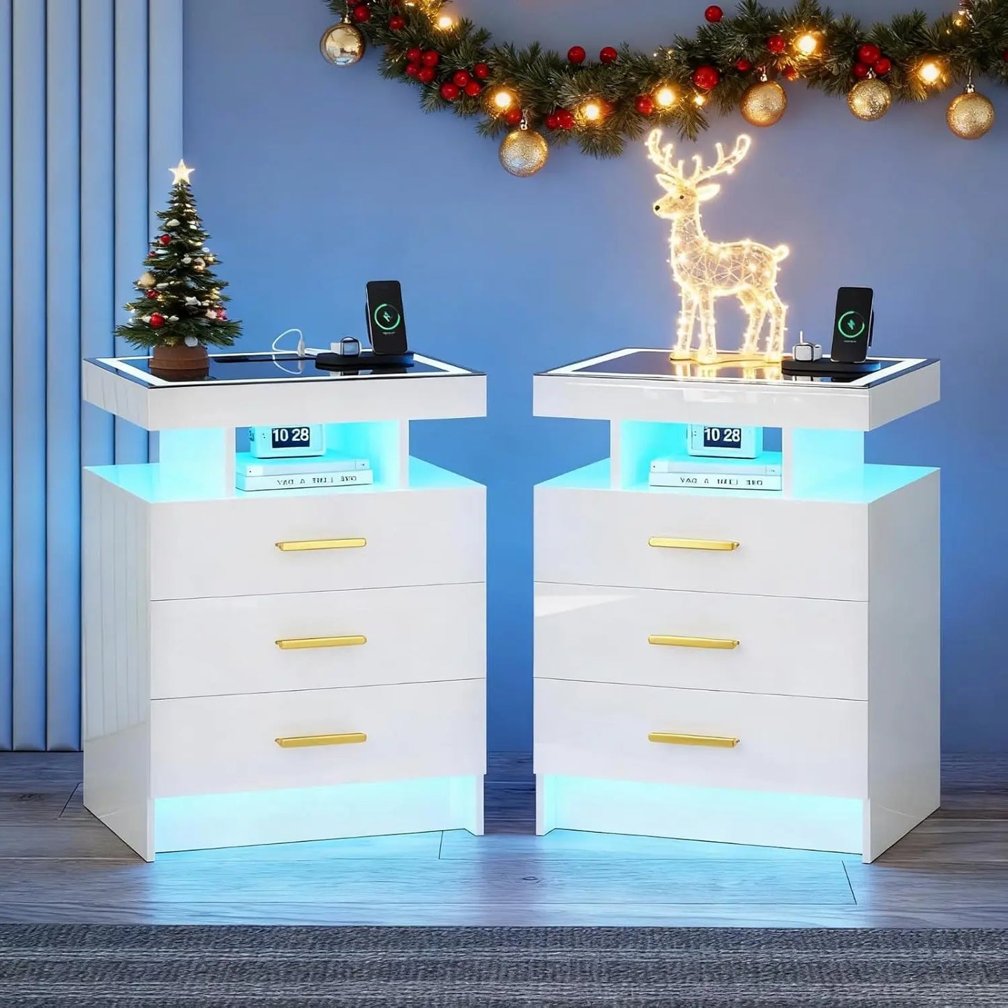 Black Night Stand Set 2 with Wireless Charging Station,Smart Bedside Table with 3 Drawers,Modern Glass Top End Side, Customized