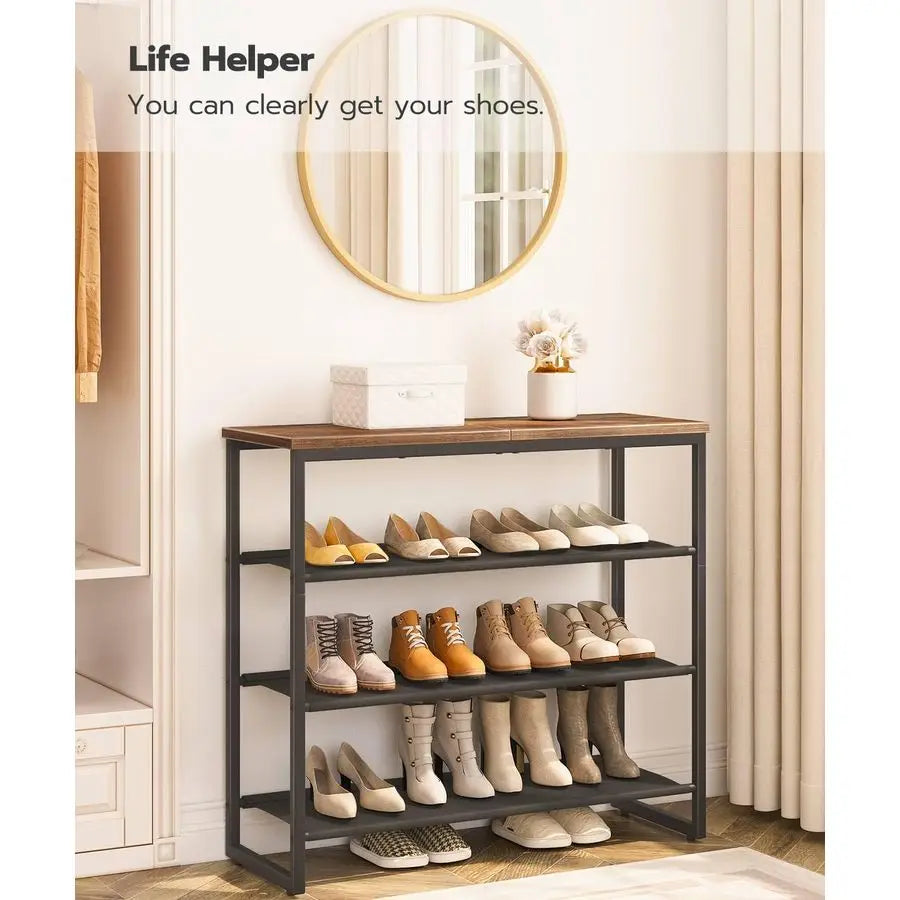 Shoe Rack, 4 Tier Shoe Storage Organizer with 3 Oxford Fabric Shelves and Top Panel, Holds 1216 Pairs of Shoes for Entryway and