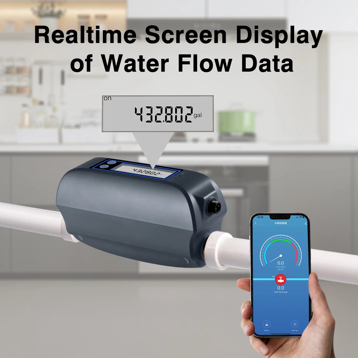 Haozee Tuya Smart WiFi Water Shutoff Valve Water Flow Rate And Water Meter Shut On/Off Remote Control Real Time Display