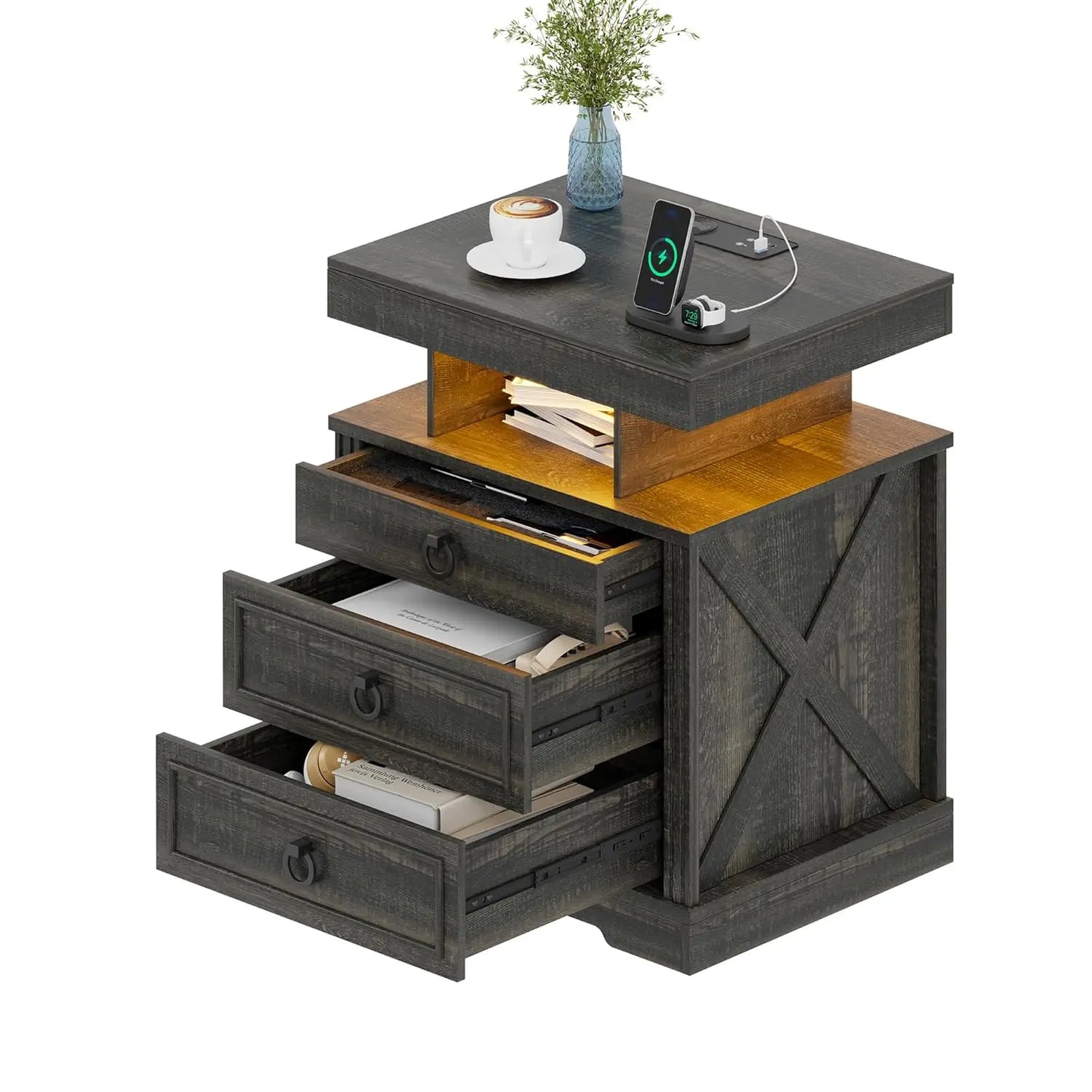 Farmhouse Nightstand Set 2 with Gun Drawer,Bedside Table with Charging Station and Human Body Senor,3 LED Lights, Customized