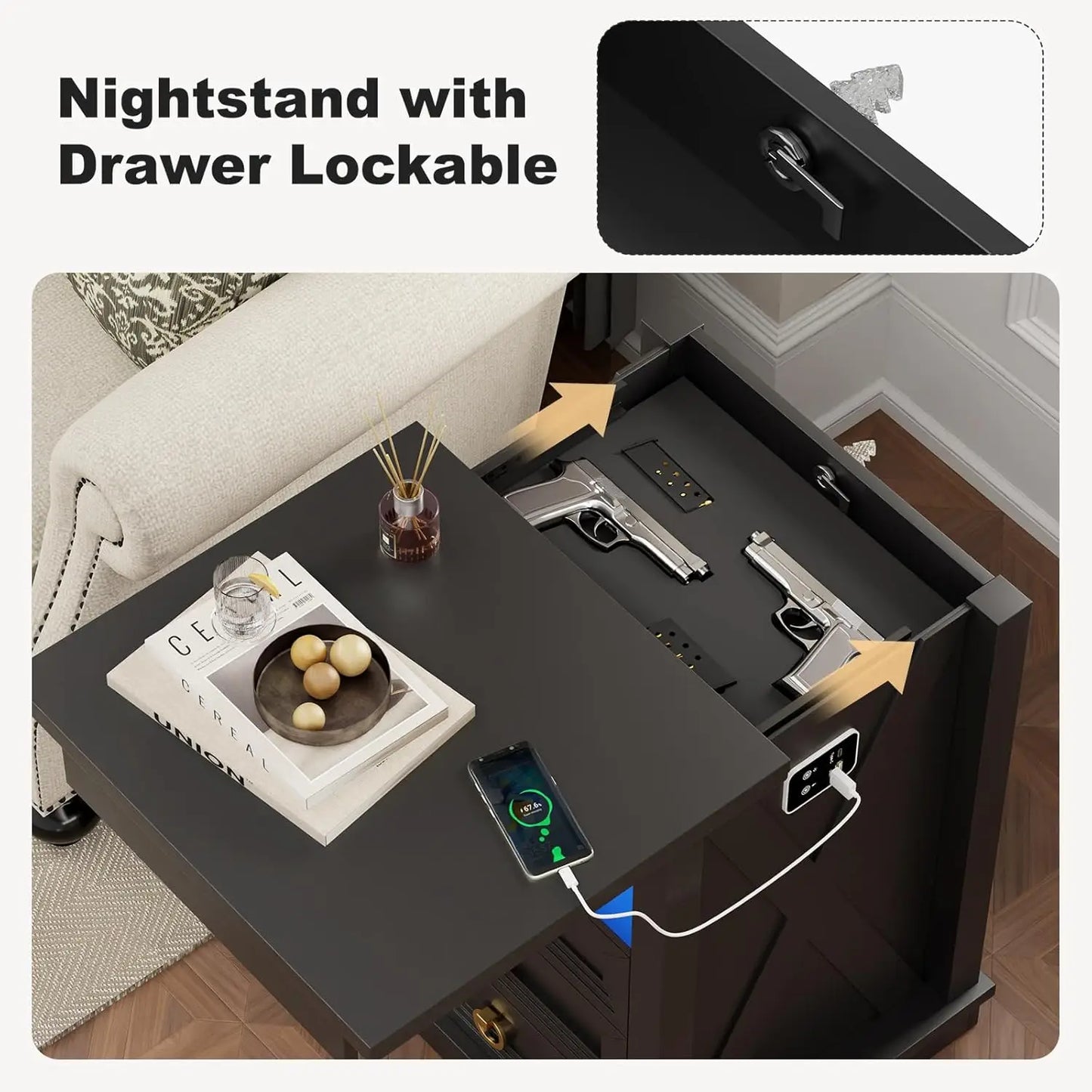 Farmhouse Nightstand Set 2 with Gun Drawer,Bedside Table with Charging Station and Human Body Senor,3 LED Lights, Customized