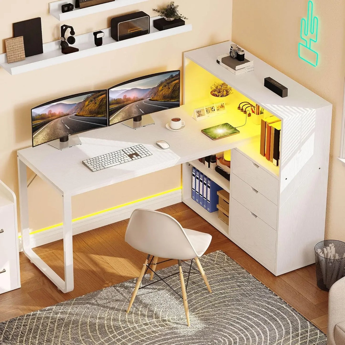 NEW L Shaped Desk with Power Outlets, 55" Computer Desk with Drawers & Bookshelf, Home Office Desk with LED Lights