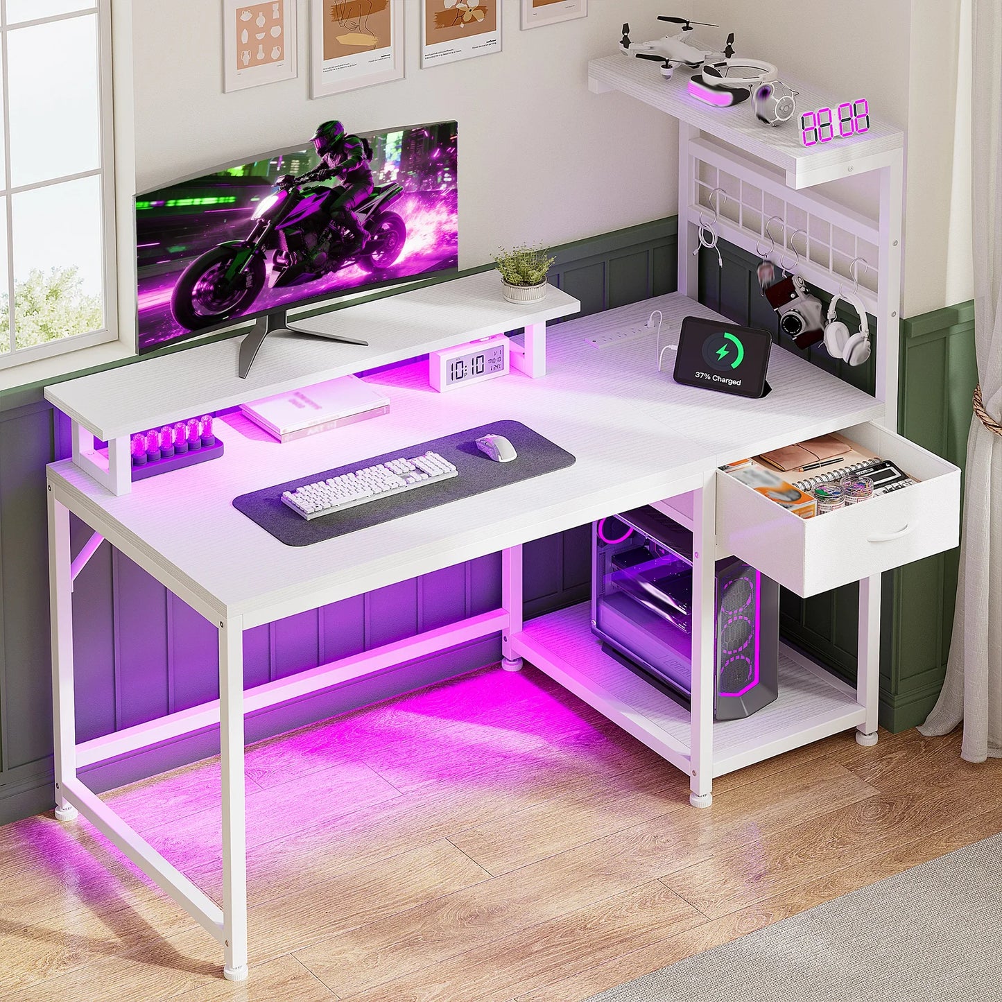 EnHomee 40"Gaming Computer Desk with Power Outlets RGB LED Lights Office Desk with Drawer Storage Shelves Monitor Stand For Small Space