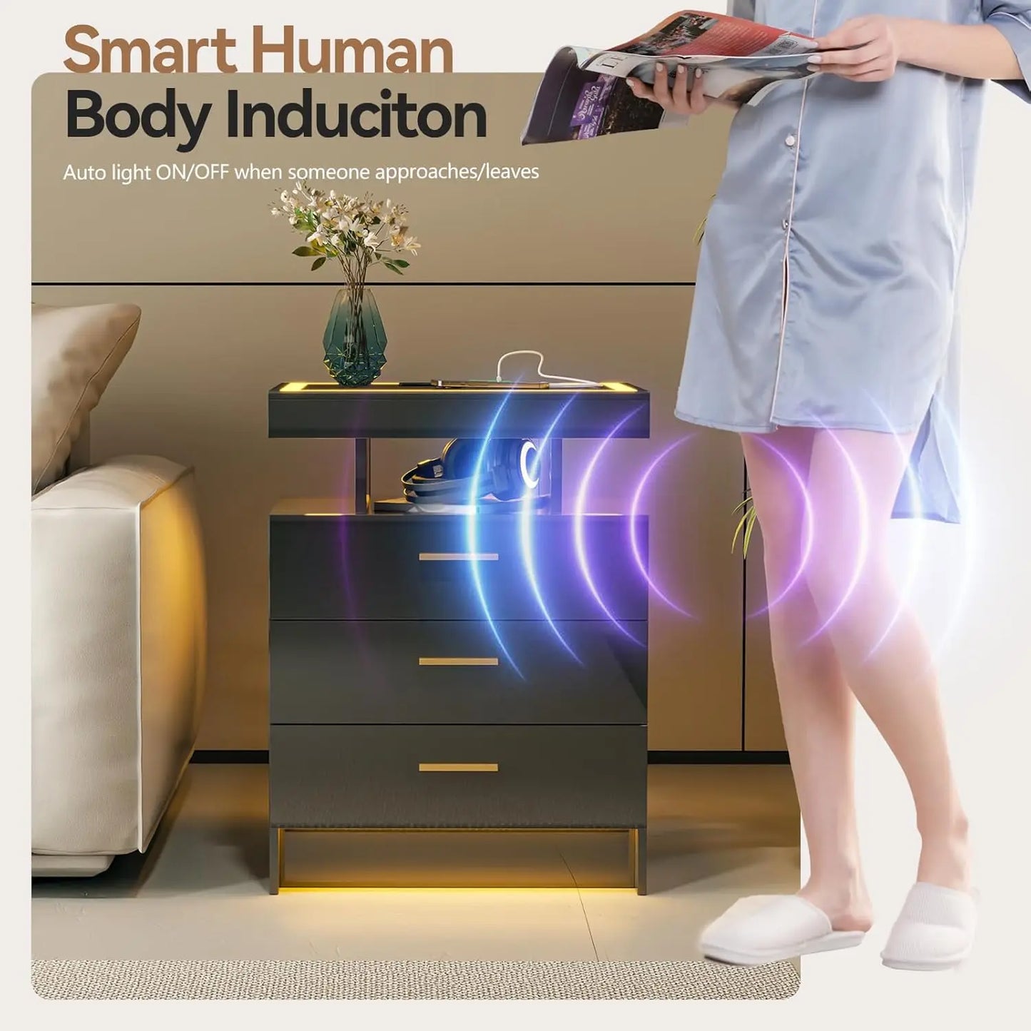 Black Night Stand Set 2 with Wireless Charging Station,Smart Bedside Table with 3 Drawers,Modern Glass Top End Side, Customized