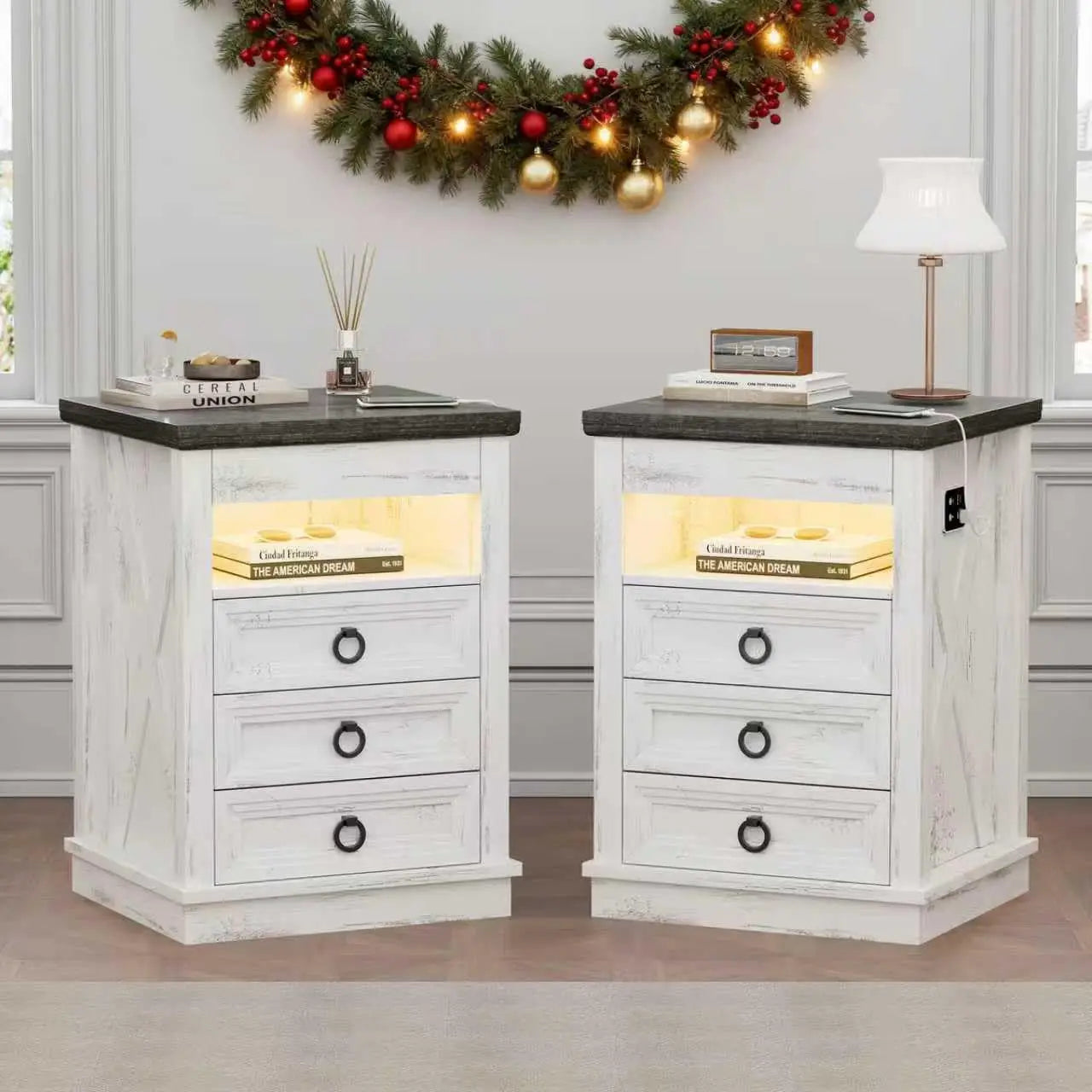 Farmhouse Nightstand Set 2 with Gun Drawer,Bedside Table with Charging Station and Human Body Senor,3 LED Lights, Customized