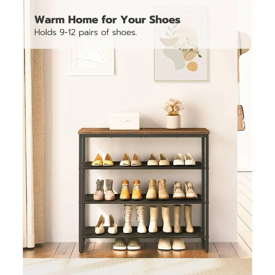 Shoe Rack, 4 Tier Shoe Storage Organizer with 3 Oxford Fabric Shelves and Top Panel, Holds 1216 Pairs of Shoes for Entryway and