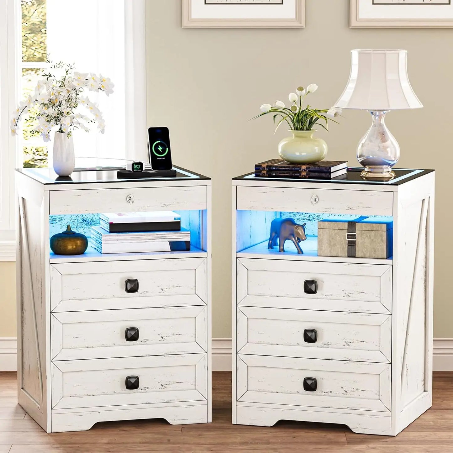 Farmhouse Nightstand Set 2 with Gun Drawer,Bedside Table with Charging Station and Human Body Senor,3 LED Lights, Customized