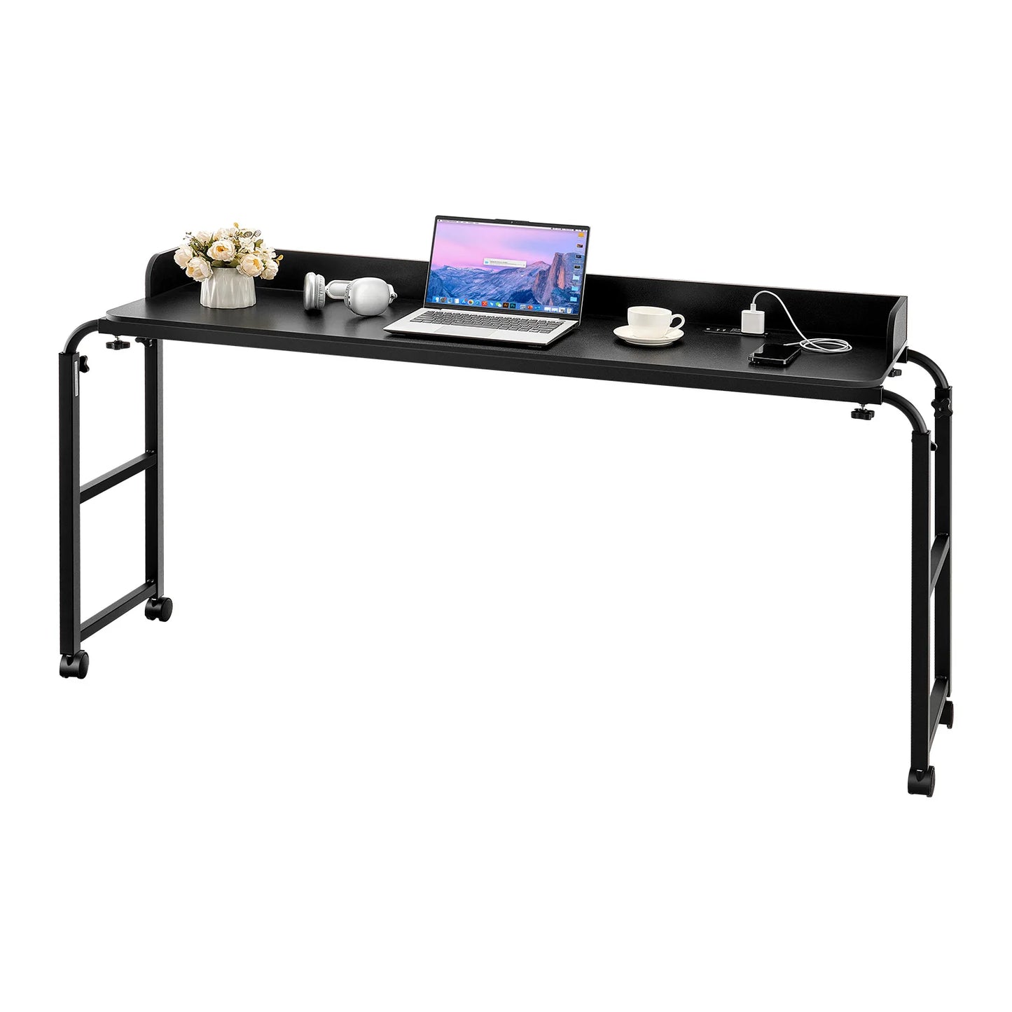 SucceBuy Overbed Table Mobile Bed Side Table w/ 4 Wheels & Power Socket Height Adjustable Rolling Laptop Desk Home Office Study
