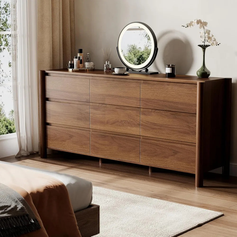 63" Wide 9-Drawer Dresser, Mid-Century Modern Walnut Chest with Solid Wood Legs, Large Storage Organizer