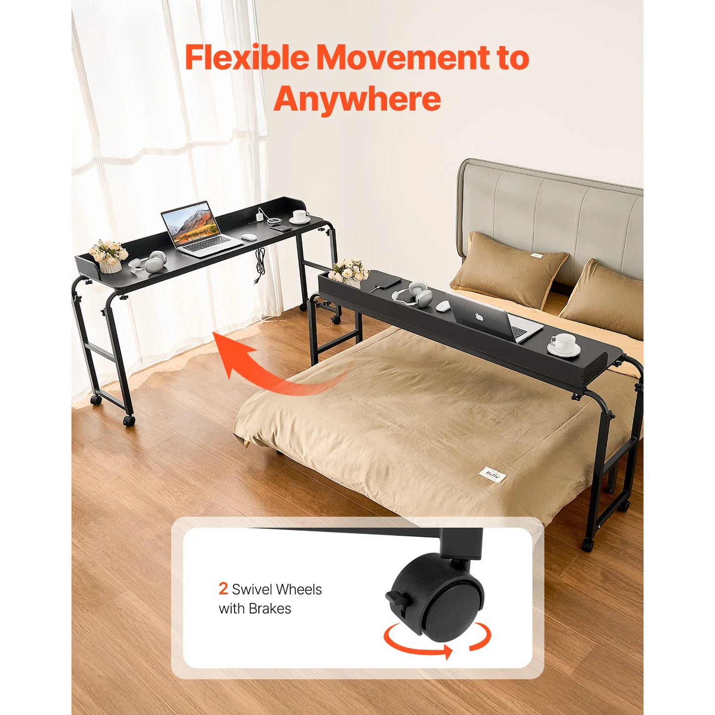 SucceBuy Overbed Table Mobile Bed Side Table w/ 4 Wheels & Power Socket Height Adjustable Rolling Laptop Desk Home Office Study