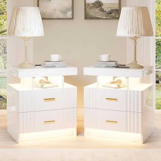 Black Night Stand Set 2 with Wireless Charging Station,Smart Bedside Table with 3 Drawers,Modern Glass Top End Side, Customized