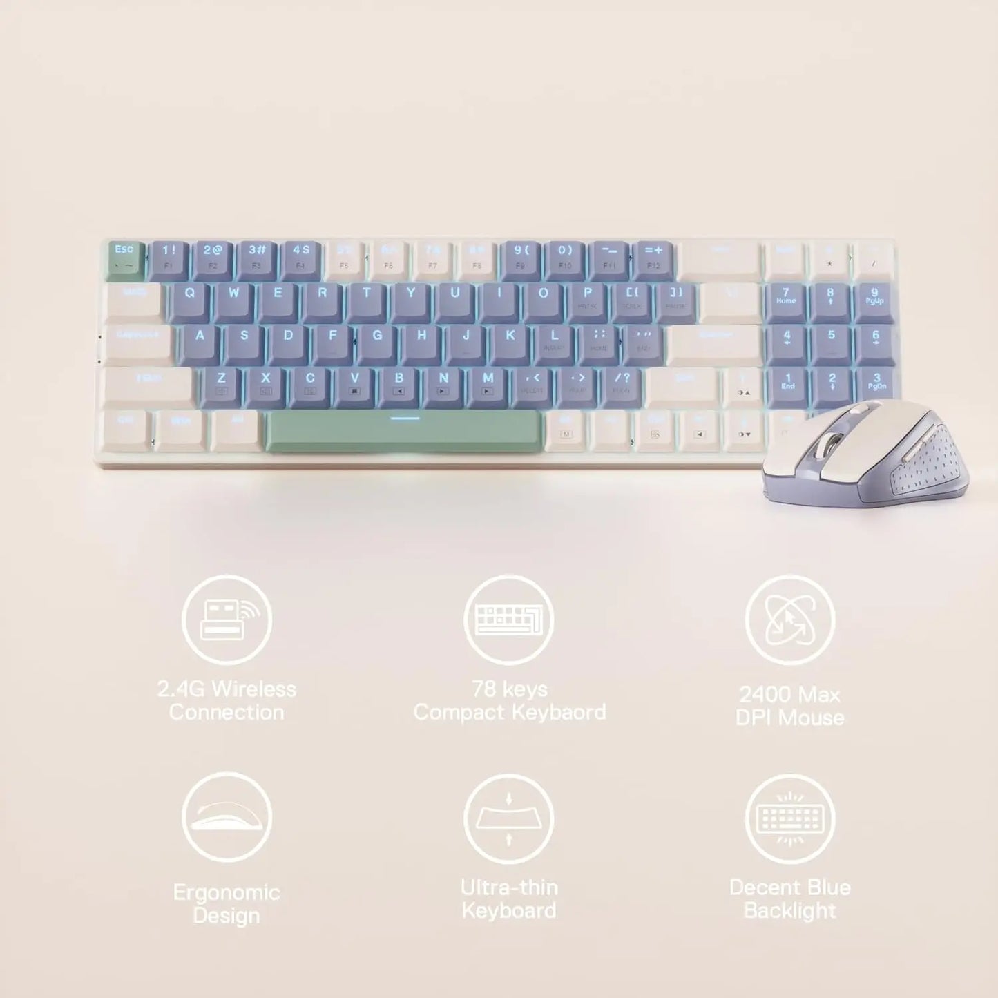 Redragon BS8772 Wireless Keyboard and Mouse Combo,78 Keys 2.4Ghz Wireless Low-Profile Mechanical Keyboard/2400 DPI Ergonomic Mou