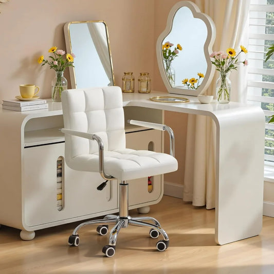 Furmax Mid-Back Office Task Chair Ribbed PU Leather Executive Chair Modern Adjustable Home Desk Retro Comfortable Work Chair 360