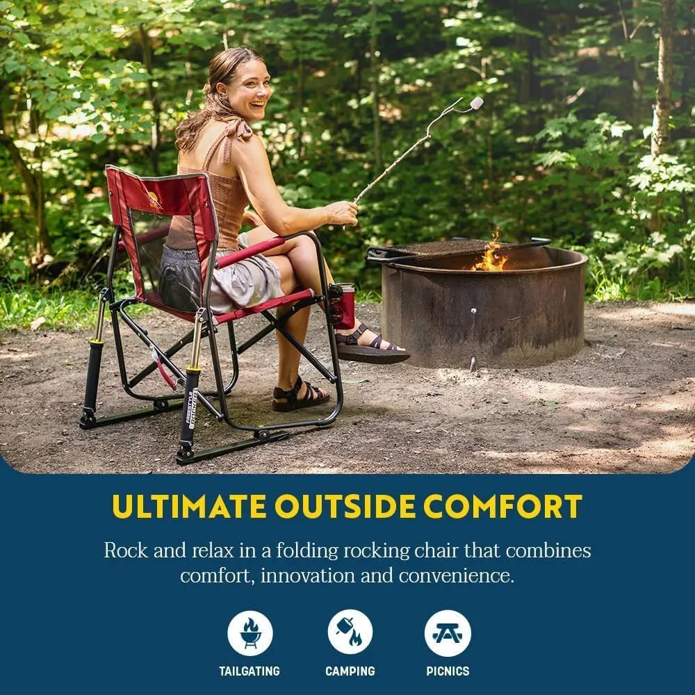 Portable Folding Rocking Chair with Armrests, Drink Holder & Comfortable Backrest - Indigo Blue