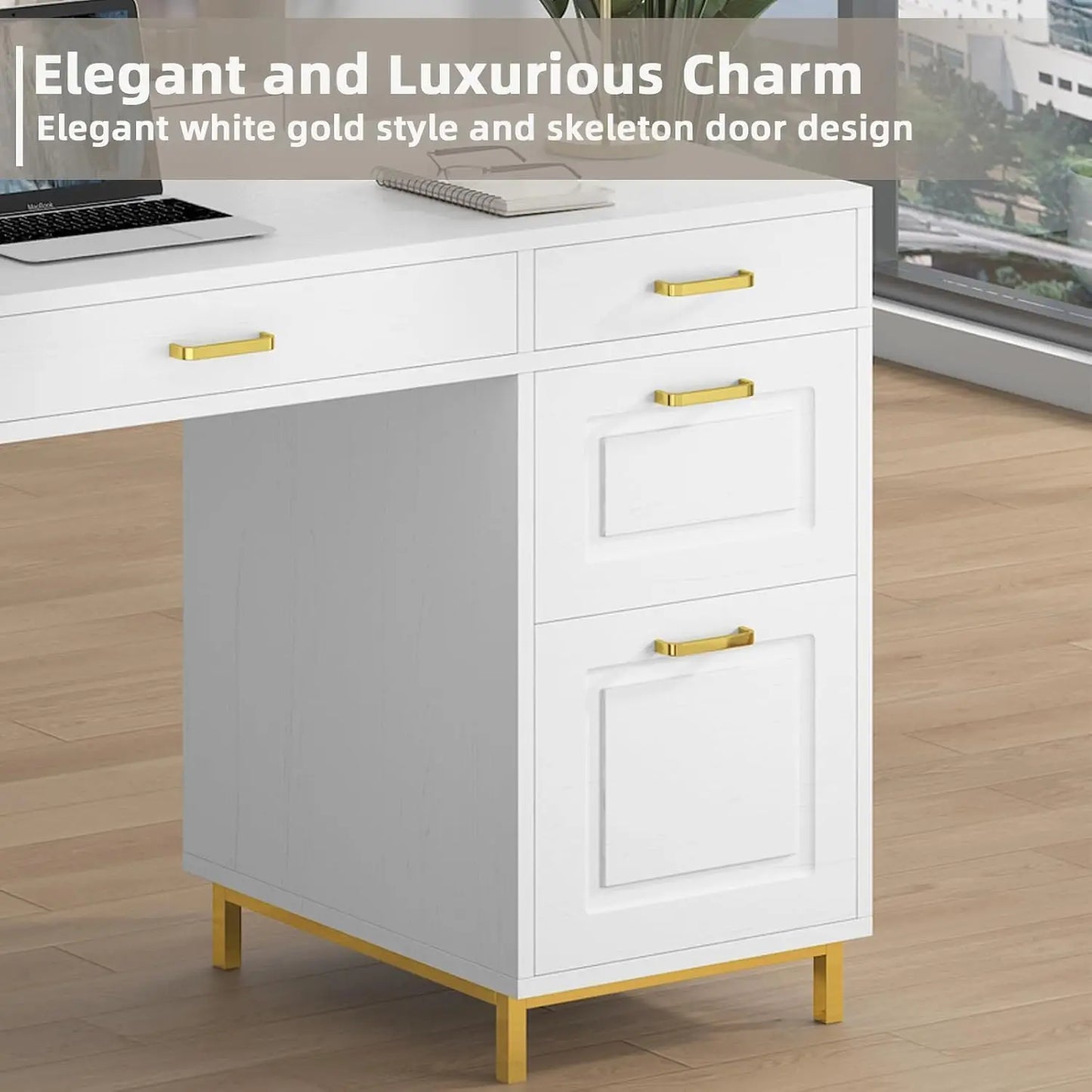 White and Gold Desk with 2 File Drawers, 57 Inch Office Computer Desk with 7 Drawers, White Desk with Storage,Customized
