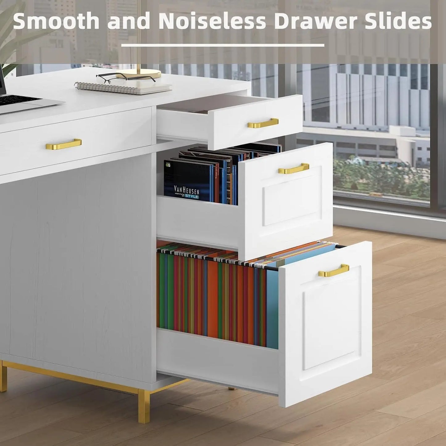 White and Gold Desk with 2 File Drawers, 57 Inch Office Computer Desk with 7 Drawers, White Desk with Storage,Customized