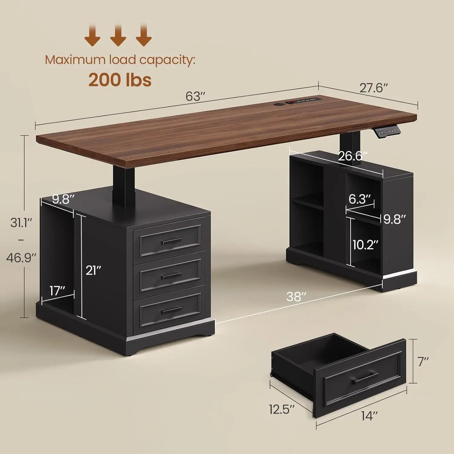 Farmhouse Electric Standing Desk, 63" Height Adjustable Computer Desk with 3 Drawers, Storage Shelves, Power Outlets, Wood Home