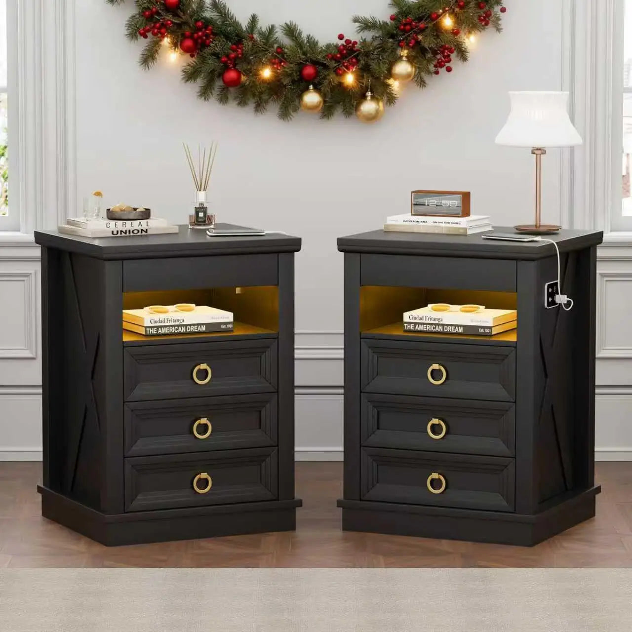 Farmhouse Nightstand Set 2 with Gun Drawer,Bedside Table with Charging Station and Human Body Senor,3 LED Lights, Customized