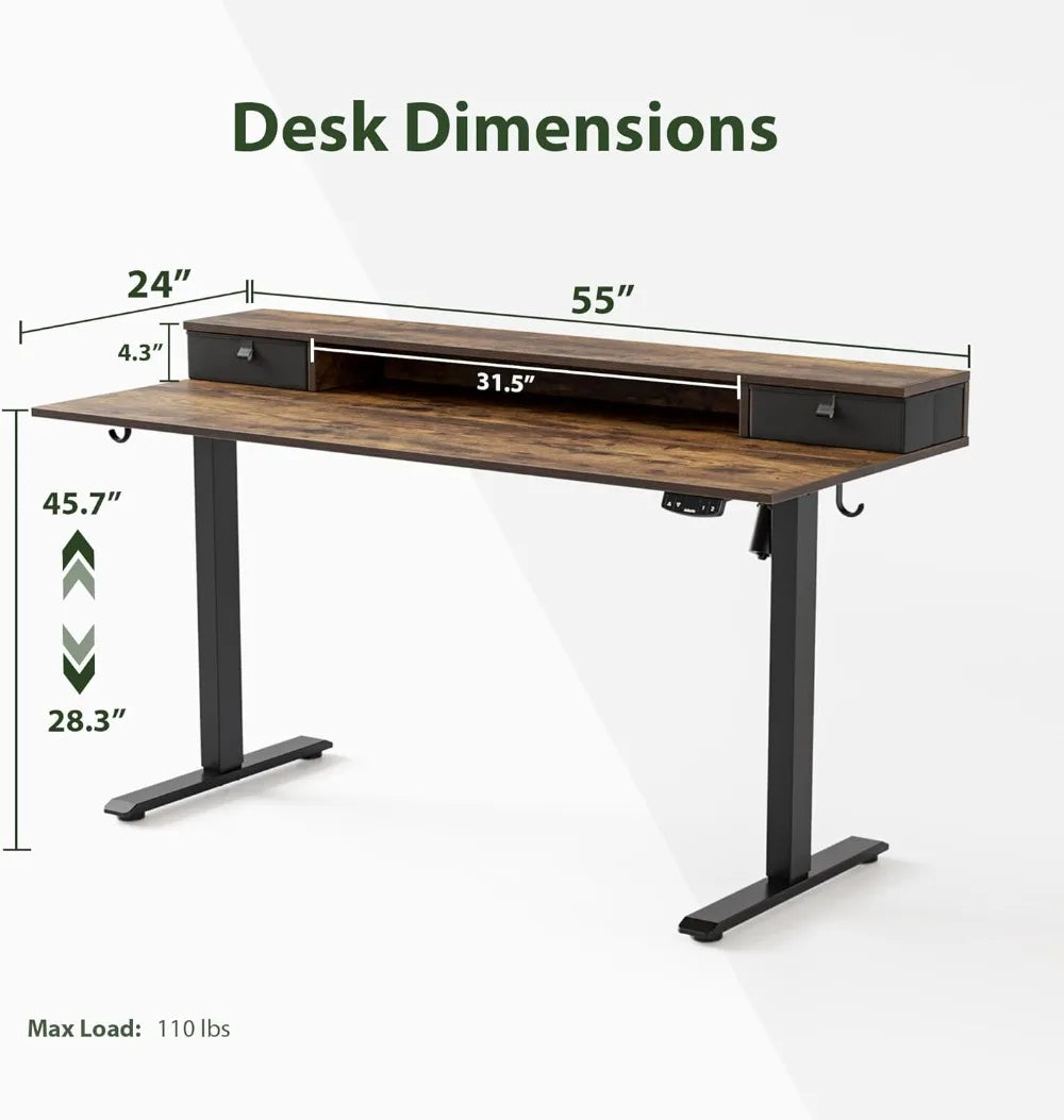 55x24 Inches Electric Standing Desk with 2 Drawers, Adjustable Height, Sit Stand Computer Table, Rustic Brown