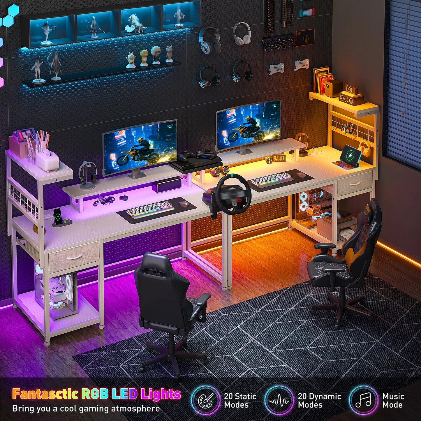 EnHomee 40"Gaming Computer Desk with Power Outlets RGB LED Lights Office Desk with Drawer Storage Shelves Monitor Stand For Small Space