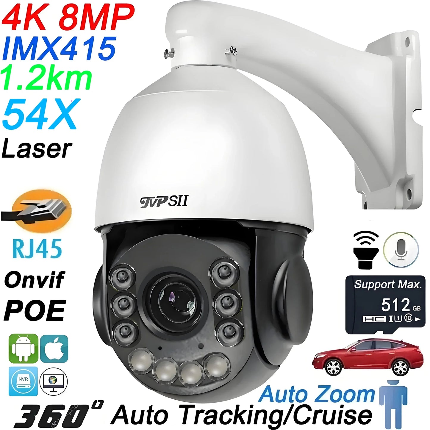 H.265+ Laser Infrared Metal Smart Auto Tracking Cruise 8MP 4K 54X Optical Zoom 360° Audio ONVIF PTZ Speed Dome POE IP Camera
