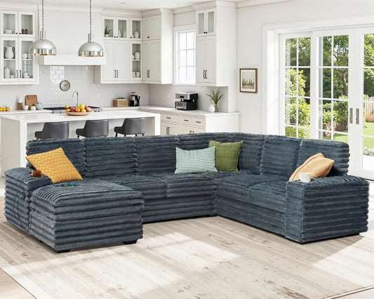 112 Inch U Shaped Couch, Oversized Couch with Storage Chaise & Cup Holders, Sectional Sofa with USB & Type-C, Customized