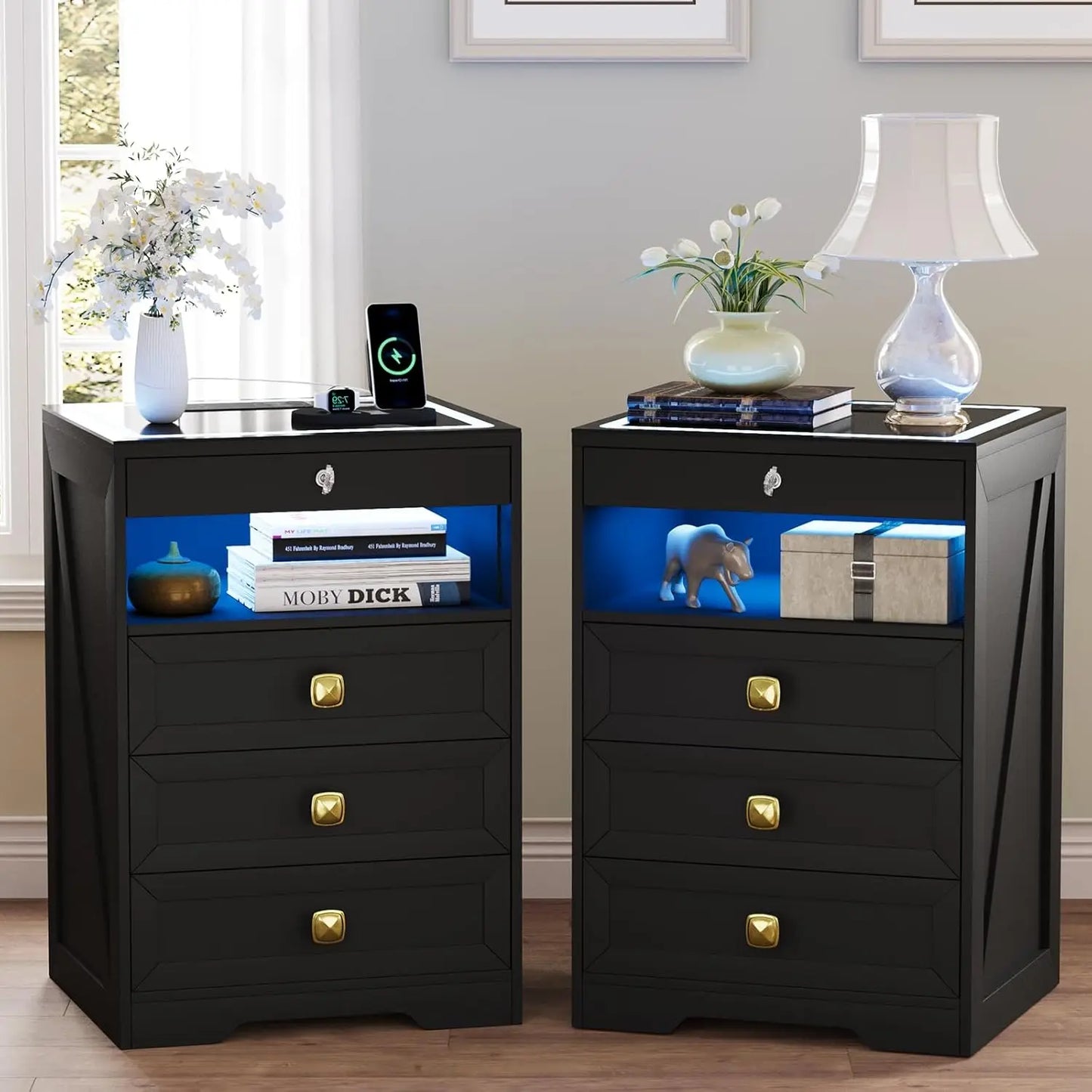 Farmhouse Nightstand Set 2 with Gun Drawer,Bedside Table with Charging Station and Human Body Senor,3 LED Lights, Customized