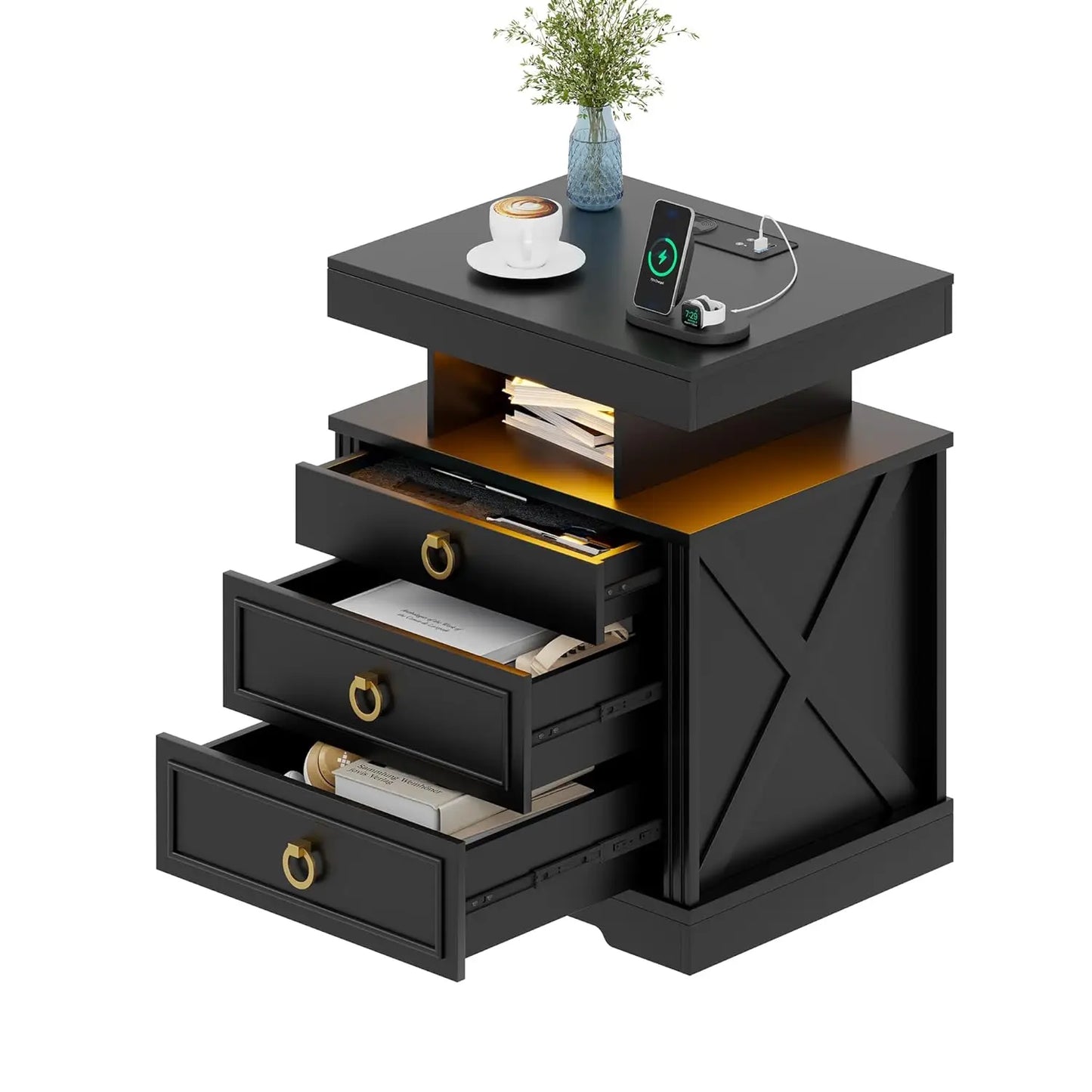 Farmhouse Nightstand Set 2 with Gun Drawer,Bedside Table with Charging Station and Human Body Senor,3 LED Lights, Customized