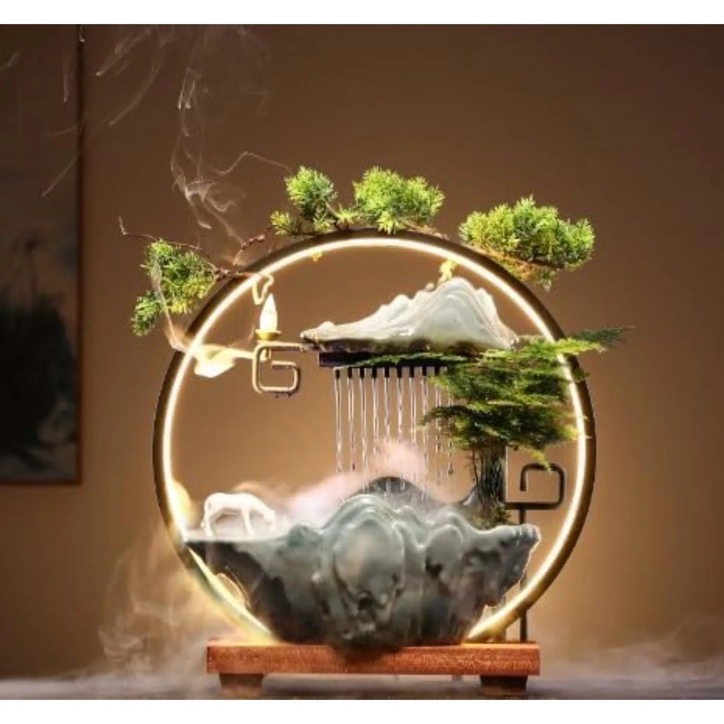 Tabletop Water Fountain Indoor Waterfall with Round Led Light & Mist Maker and Incense Holder for Home Office Decor for Good Luck