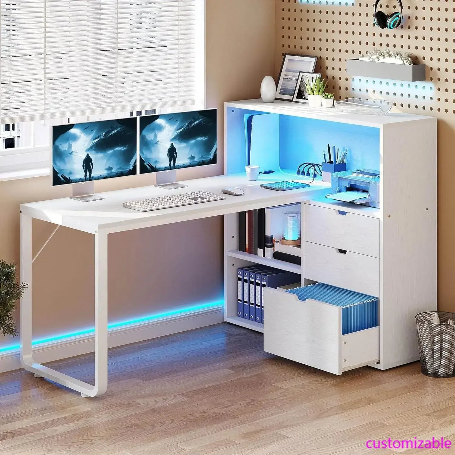 NEW L Shaped Desk with Power Outlets, 55" Computer Desk with Drawers & Bookshelf, Home Office Desk with LED Lights