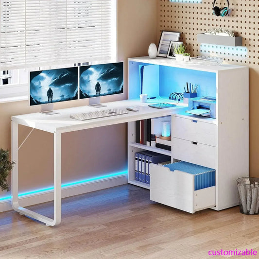 NEW L Shaped Desk with Power Outlets, 55" Computer Desk with Drawers & Bookshelf, Home Office Desk with LED Lights
