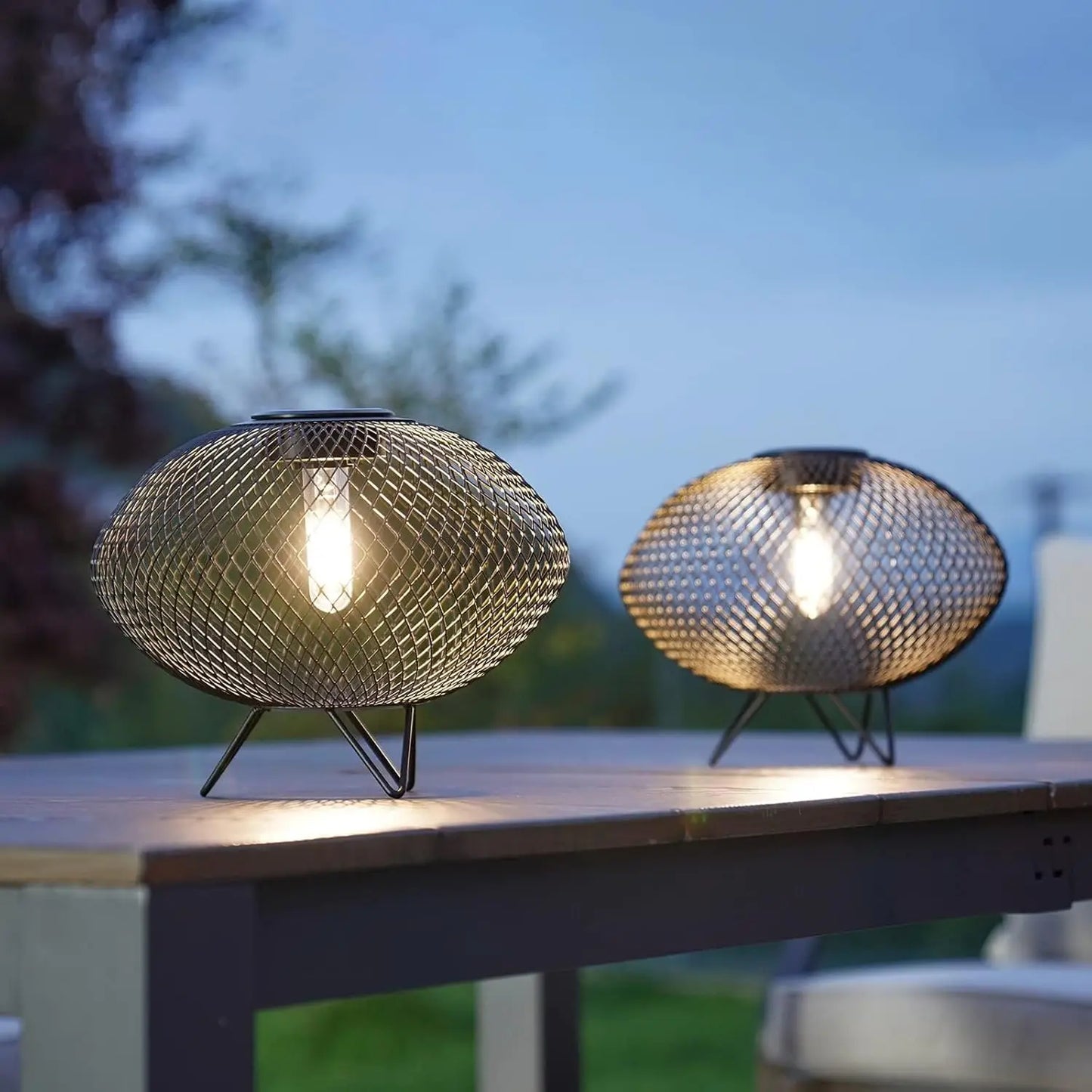 2 PCS Outdoor Table Lamps with Metal Wire Shades & LED Lights, 8" Solar-Powered Modern Table Lights for Yard, Porch, Garden,