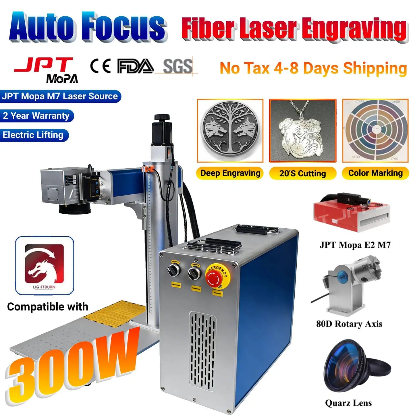 300W JPT Mopa Auto Focus Fiber Laser Marking Cutting Machine Fiber Laser Deep Engraver for All Metal Gold Silver Jewelry Ring