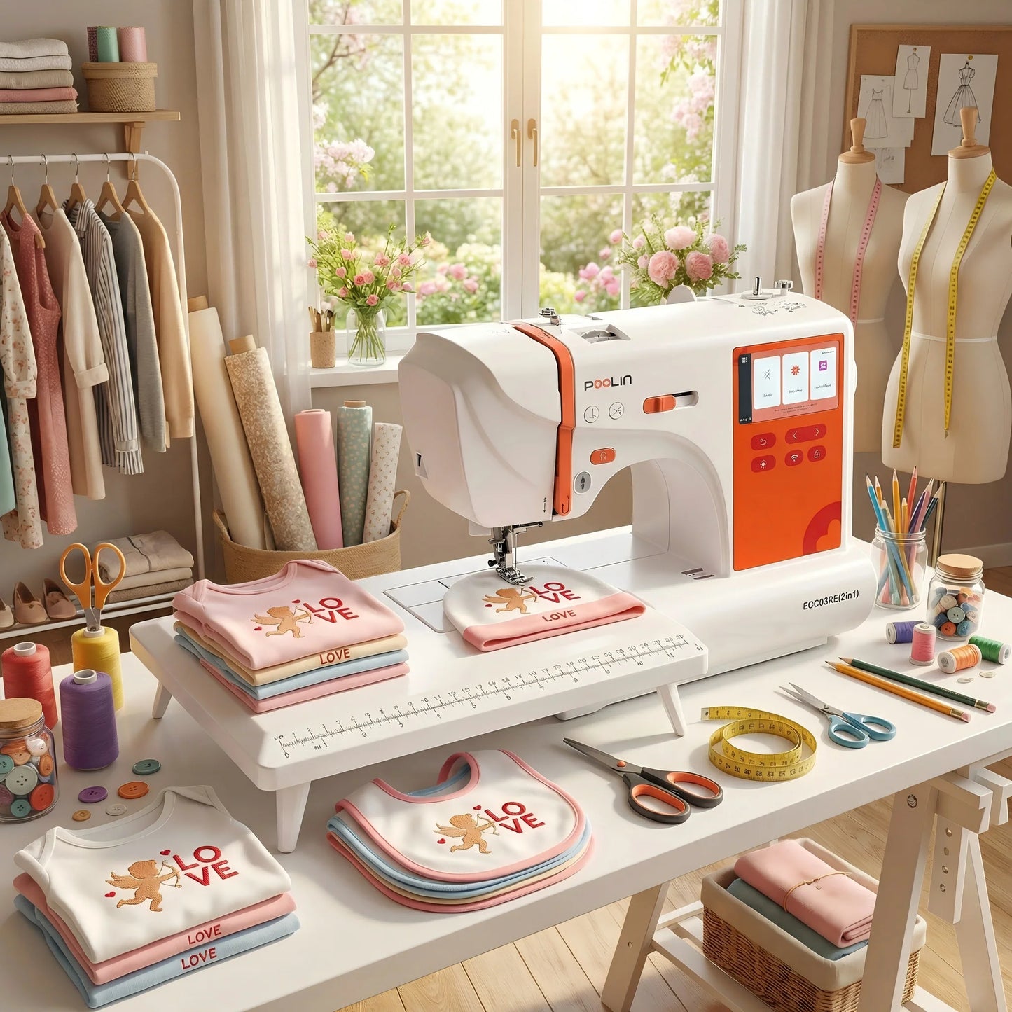 POOLIN EOC03 2-in-1 Embroidery Sewing Machine, Computerized Home Machine for Beginners with Starter Kit