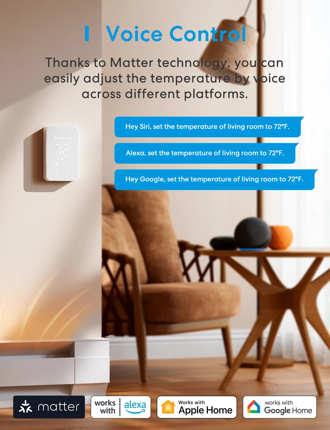 Meross Smart Matter Thermostat MTS215 US for Electric Baseboard Heater Energy Monitor Supported Wifi Heating Thermostat
