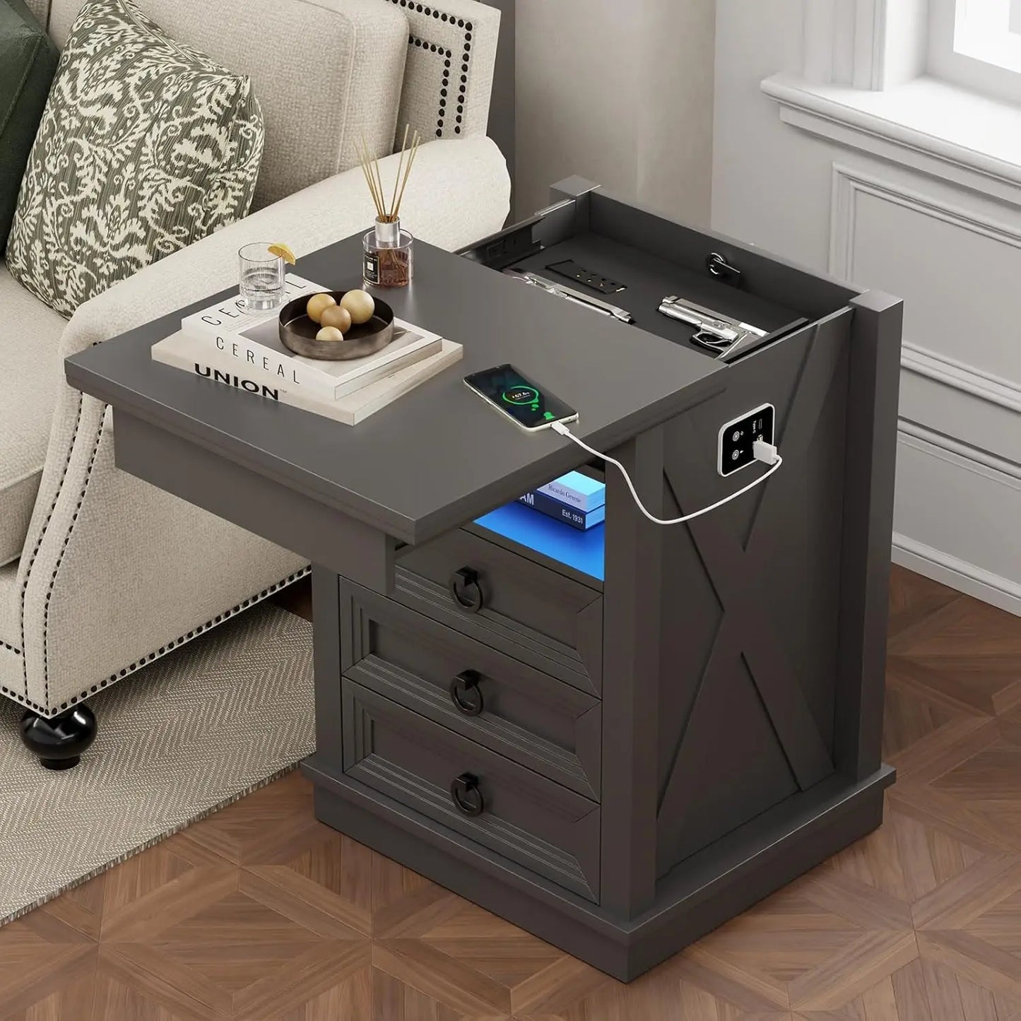 Farmhouse Nightstand Set 2 with Gun Drawer,Bedside Table with Charging Station and Human Body Senor,3 LED Lights, Customized
