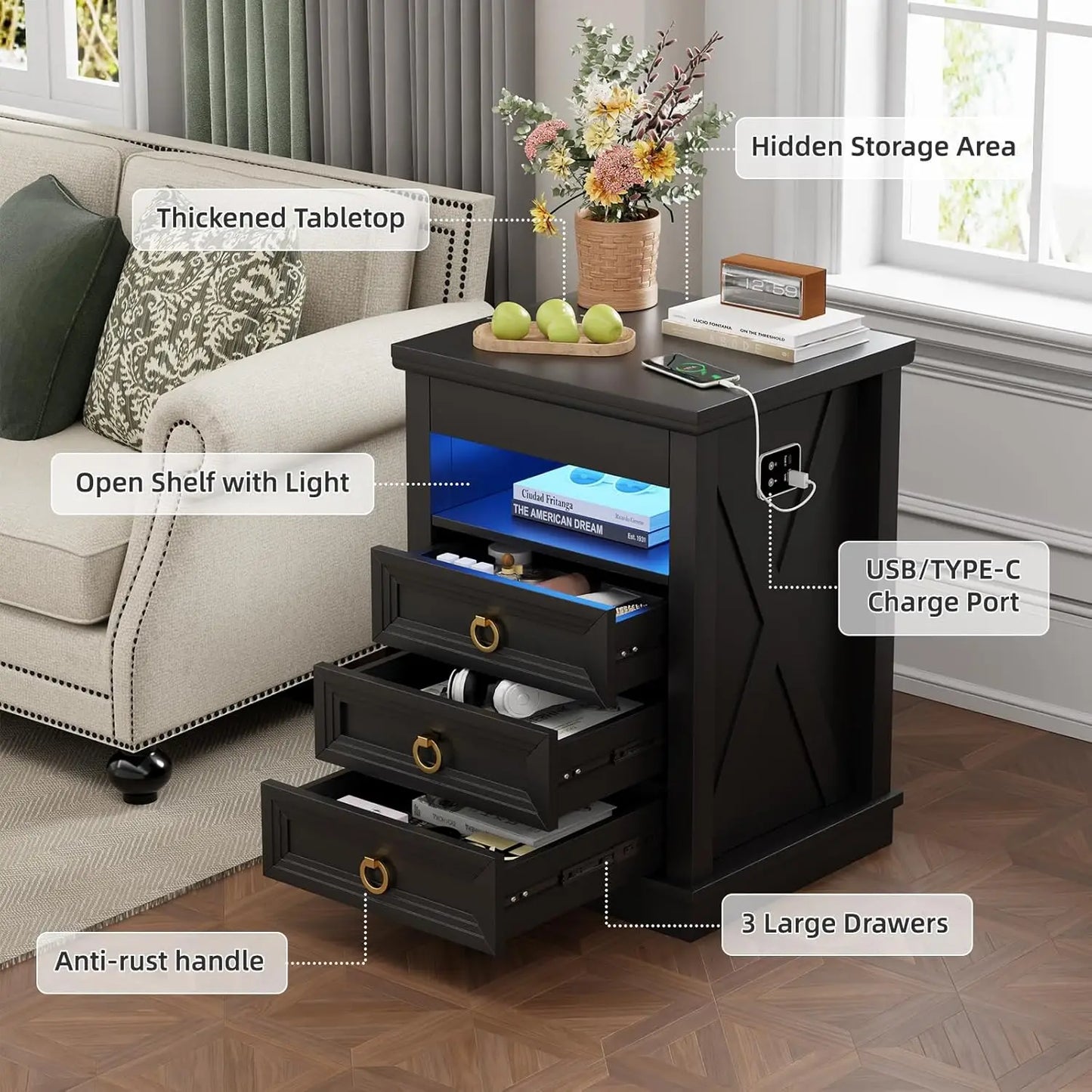 Farmhouse Nightstand Set 2 with Gun Drawer,Bedside Table with Charging Station and Human Body Senor,3 LED Lights, Customized