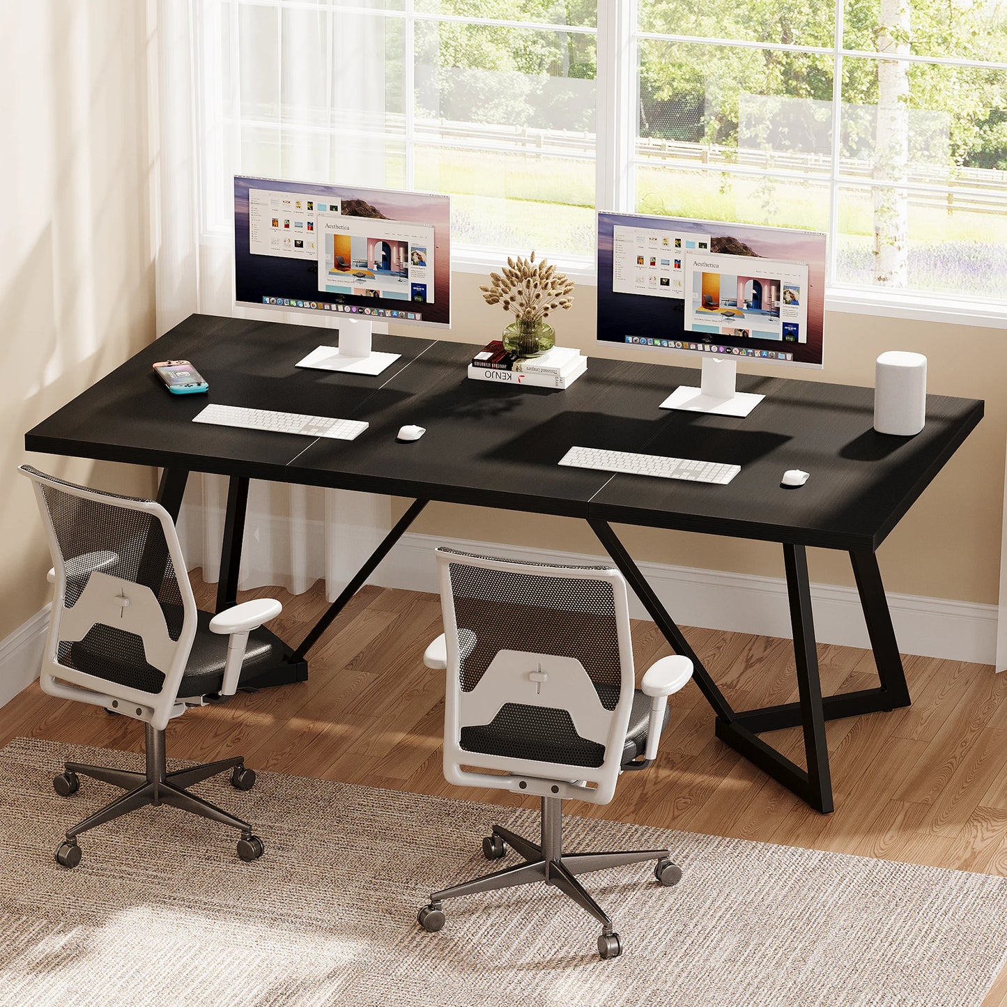 Tribesigns 180cm Large Executive Desk, Modern Black Office Desk with Metal Frame, Study Writing Table