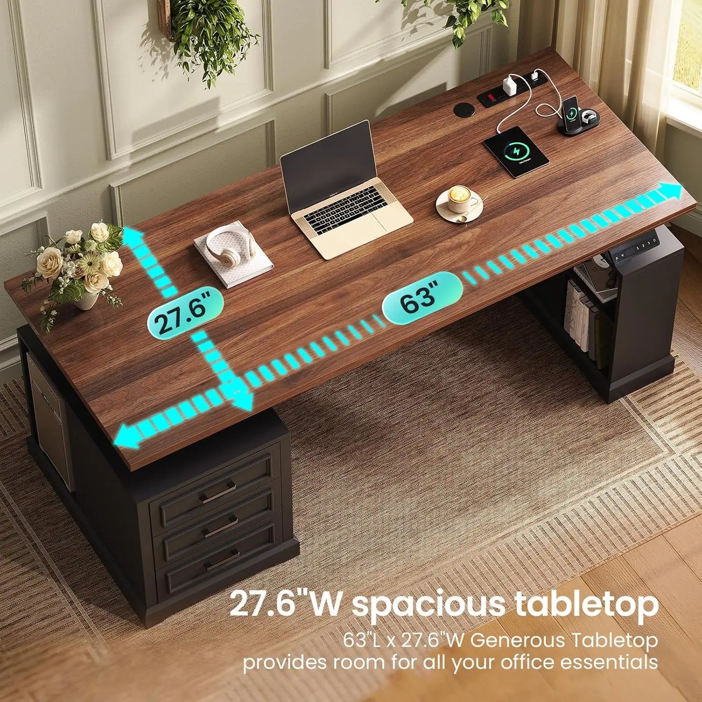 Farmhouse Electric Standing Desk, 63" Height Adjustable Computer Desk with 3 Drawers, Storage Shelves, Power Outlets, Wood Home