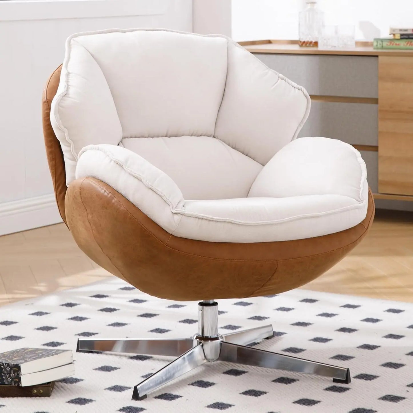 Swivel Accent Chair with Ottoman, Mid Century Modern Faux Leather Lounge Chair with footrest, Comfy Oversized, Customized