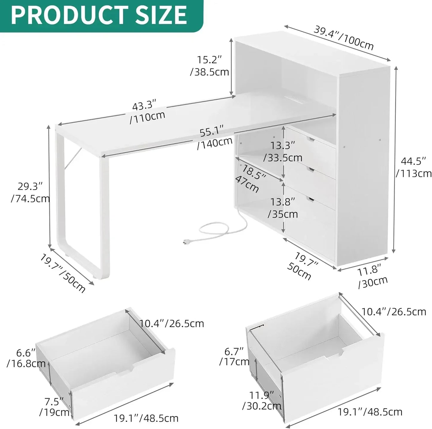 NEW L Shaped Desk with Power Outlets, 55" Computer Desk with Drawers & Bookshelf, Home Office Desk with LED Lights