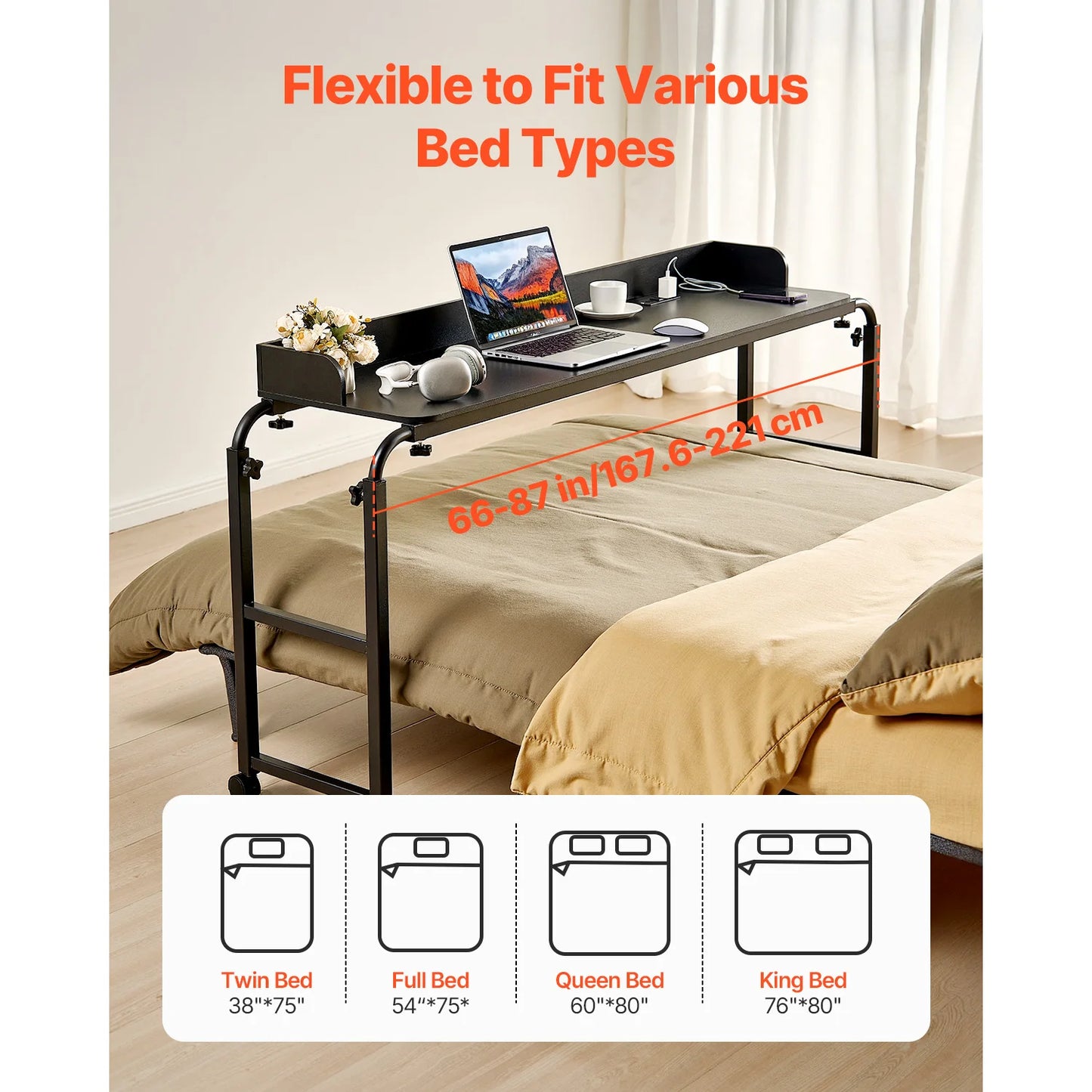 SucceBuy Overbed Table Mobile Bed Side Table w/ 4 Wheels & Power Socket Height Adjustable Rolling Laptop Desk Home Office Study