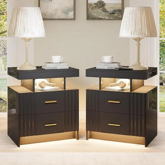 Black Night Stand Set 2 with Wireless Charging Station,Smart Bedside Table with 3 Drawers,Modern Glass Top End Side, Customized