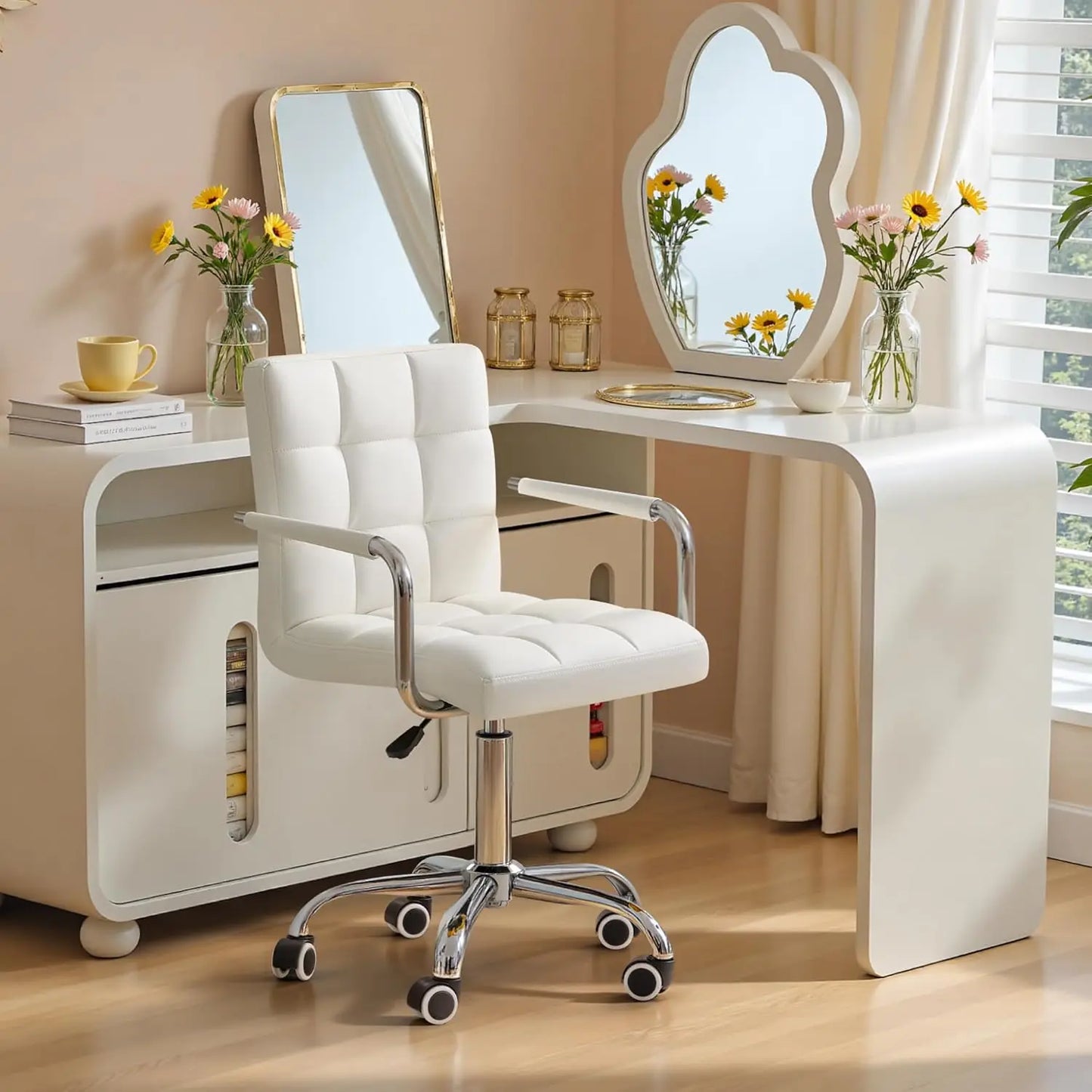 Furmax Mid-Back Office Task Chair Ribbed PU Leather Executive Chair Modern Adjustable Home Desk Retro Comfortable Work Chair 360