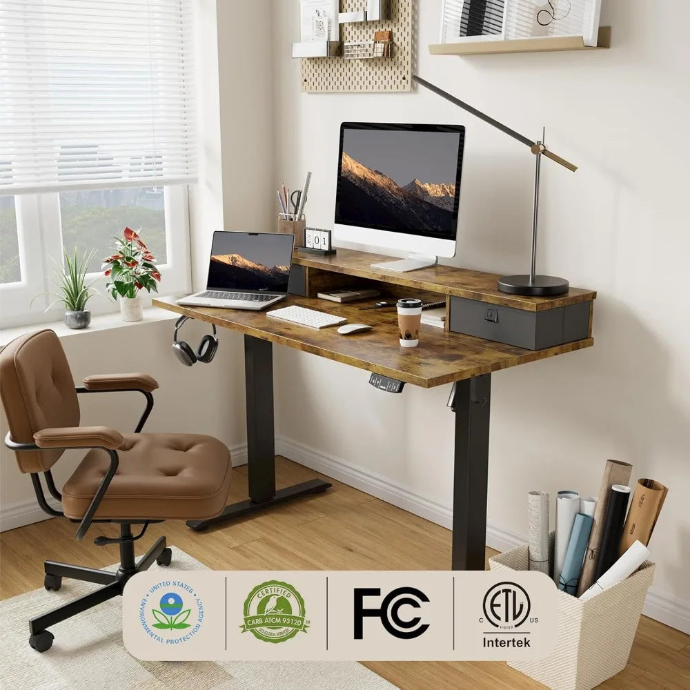 55x24 Inches Electric Standing Desk with 2 Drawers, Adjustable Height, Sit Stand Computer Table, Rustic Brown